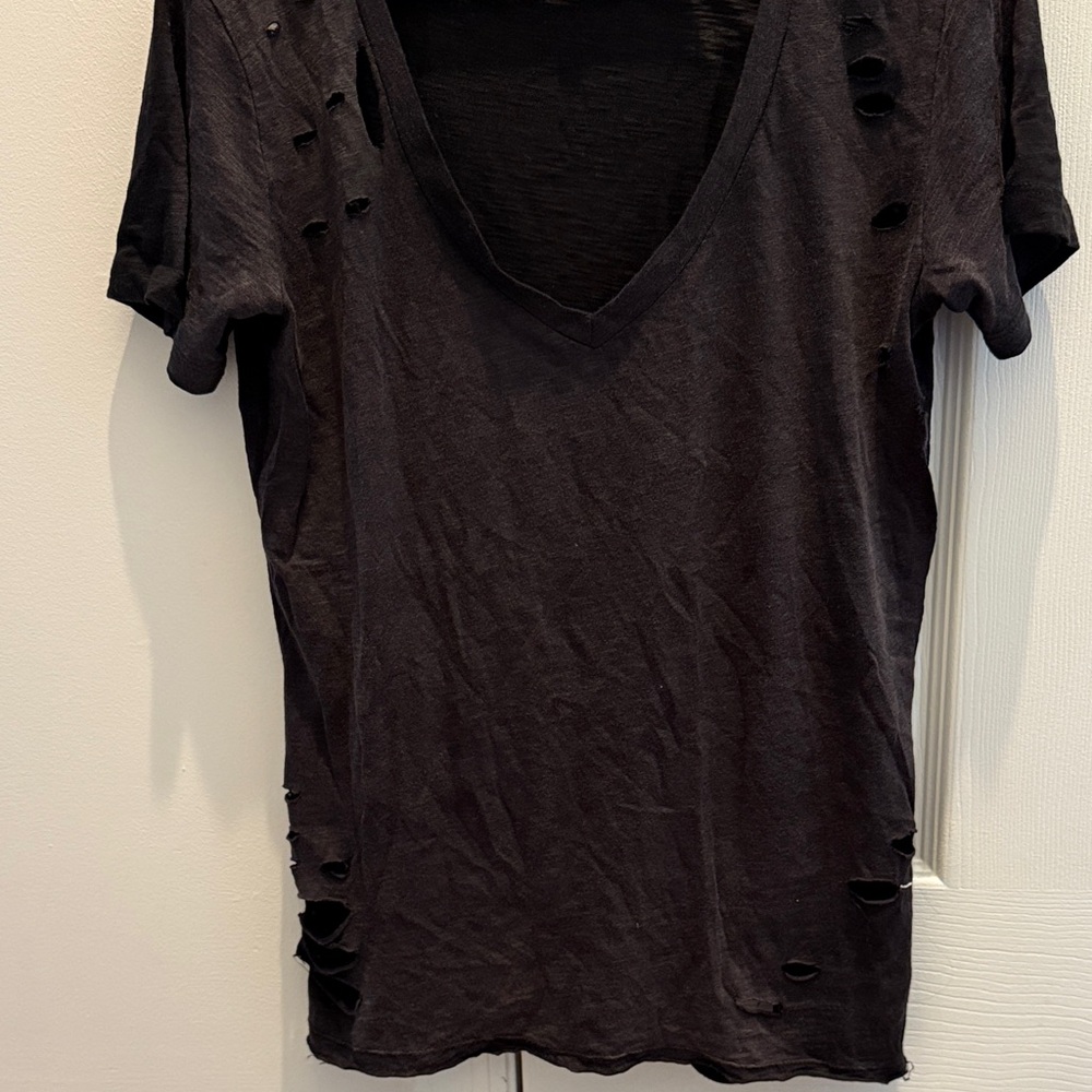 Olivaceous Black Distressed V-Neck Tee. Size small